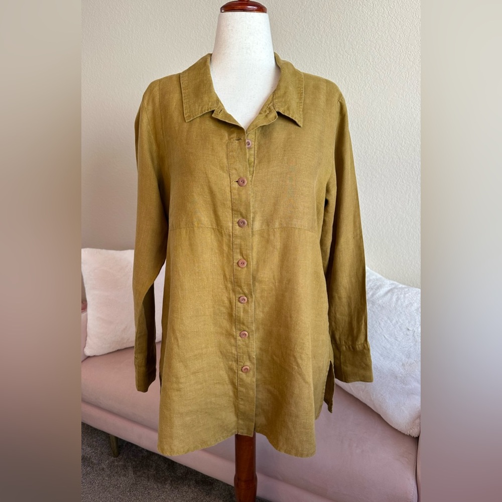FLAX 100% Linen Shirt Long Sleeve Button Up Gold Mustard Roomy Women S Lagenlook